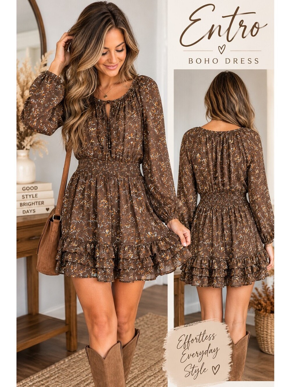 Entro Brown Floral Ruffle Mini Dress Size S Boho Long Sleeve Smocked Waist